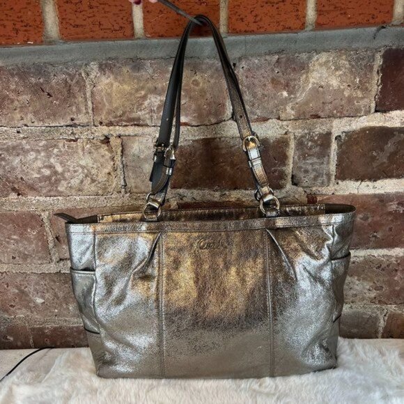COACH Metallic Pewter Gallery Signature East West Shoulder Handbag Tote F17722 - Picture 1 of 11